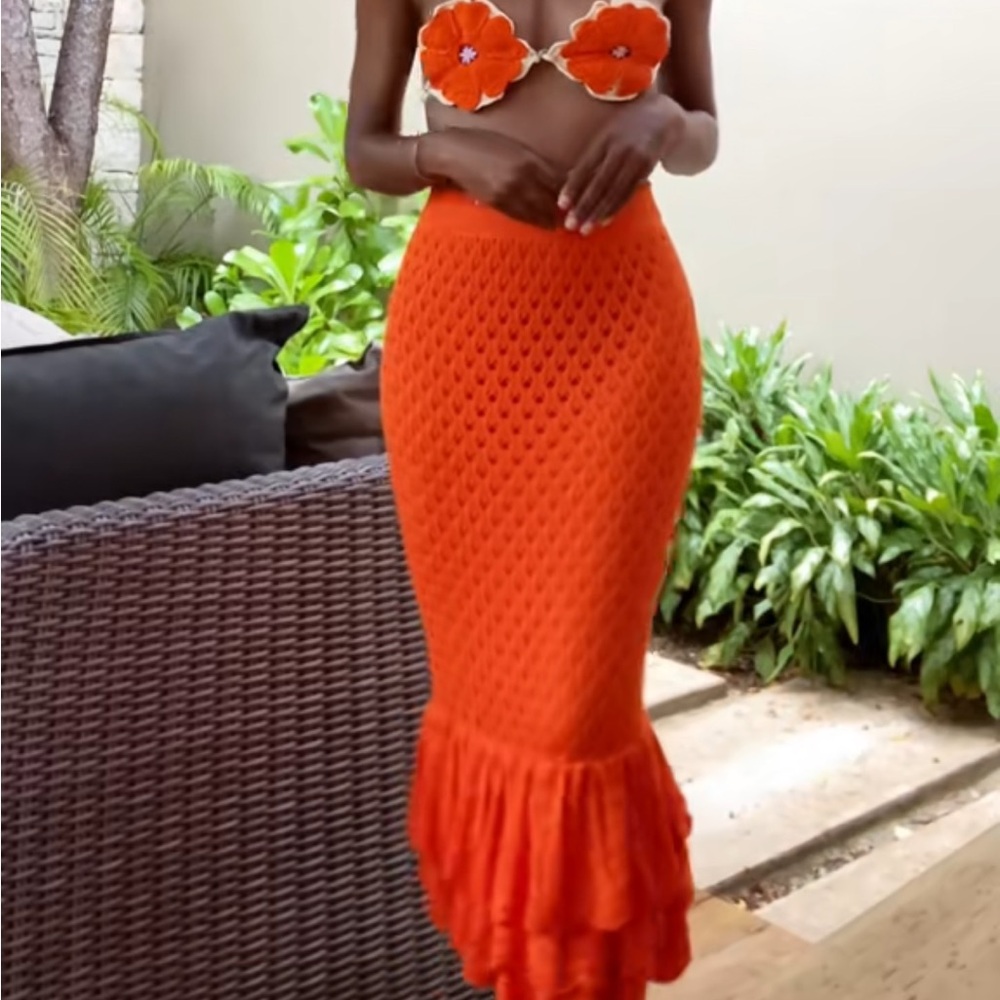 Beach Riot Orange Crochet Mermaid Midi Skirt